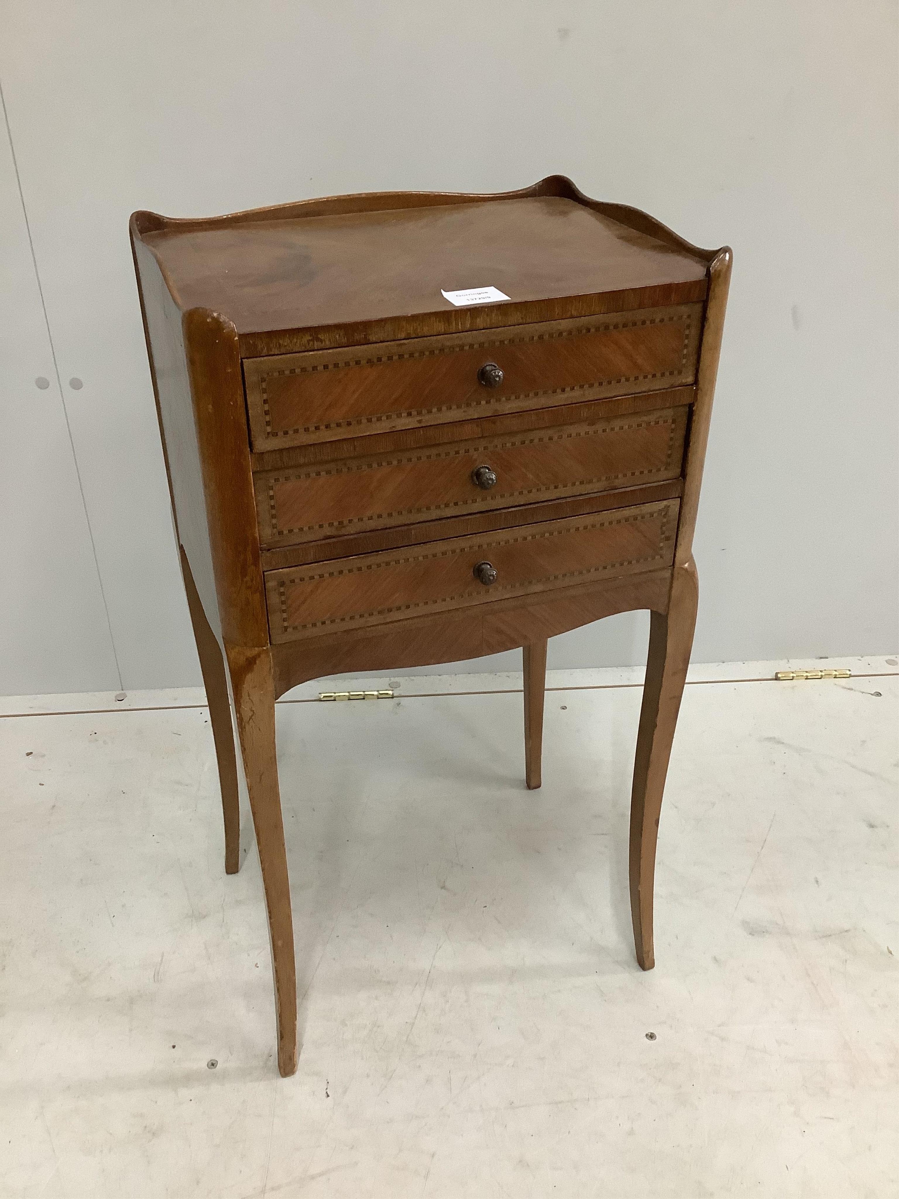 A French transitional style mahogany and kingwood bedside chest, width 39cm, depth 30cm, height 75cm